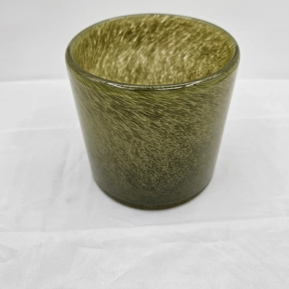 Hand Blown Olive Green Mottled Glass Vase Cylindrical Candle Holder 4.5x4in